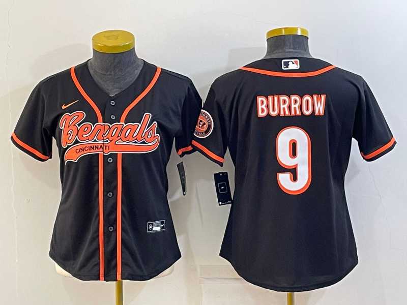 Womens Cincinnati Bengals #9 Joe Burrow Black With Patch Cool Base Stitched Baseball Jersey->women nfl jersey->Women Jersey